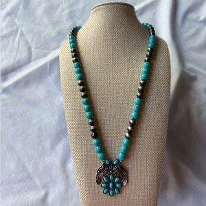Turquoise and Silver Floral Pendant Necklace